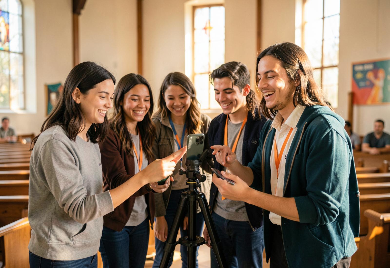 Jovens da igreja produzindo conteúdo para redes sociais com um celular